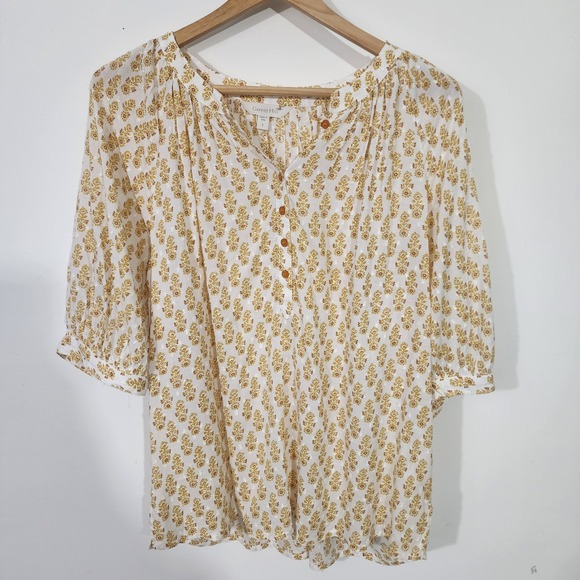 Garnet Hill White Yellow Floral Print V Neck 3/4 Sleeve Modal Blouse Top Size S - Picture 2 of 10